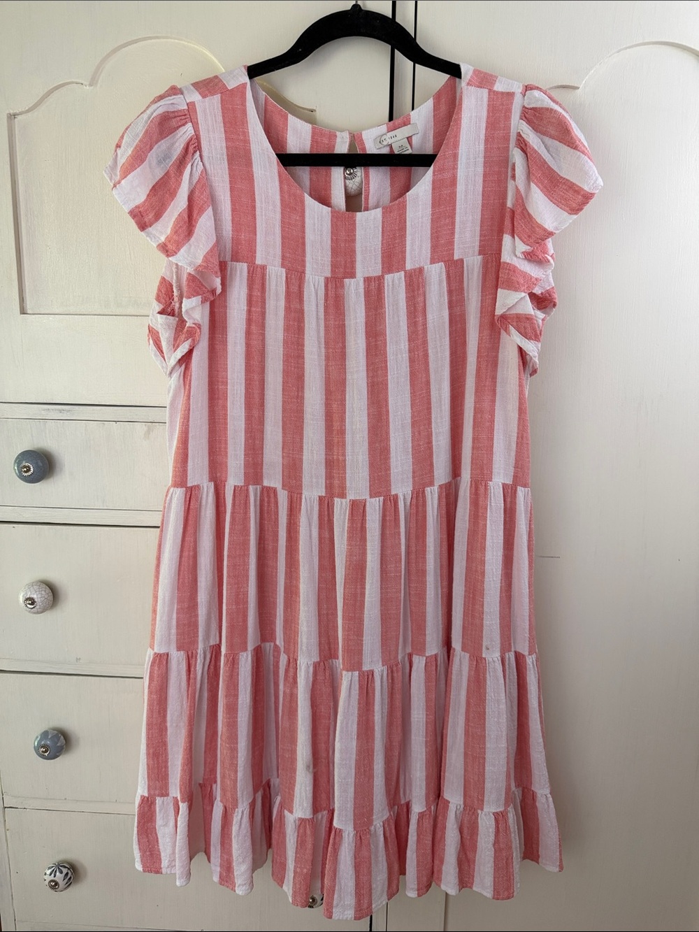 C. est 1946 Pink & White striped Tiered Linen blend Mini Dress M